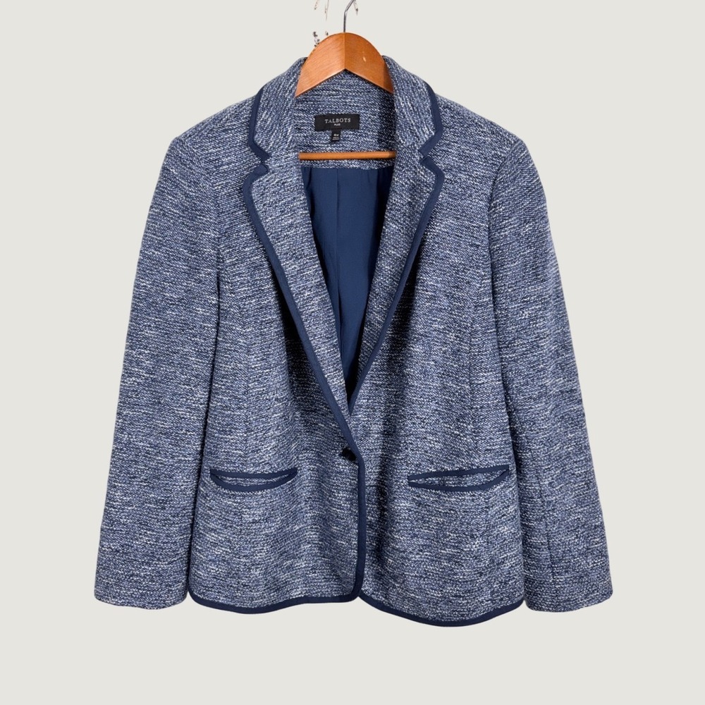 Talbots Blazer 16W Blue White Tweed Cotton Blend One Button Career Jacket